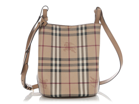 Burberry Small Camel Haymarket Check Lorne Bucket Bag