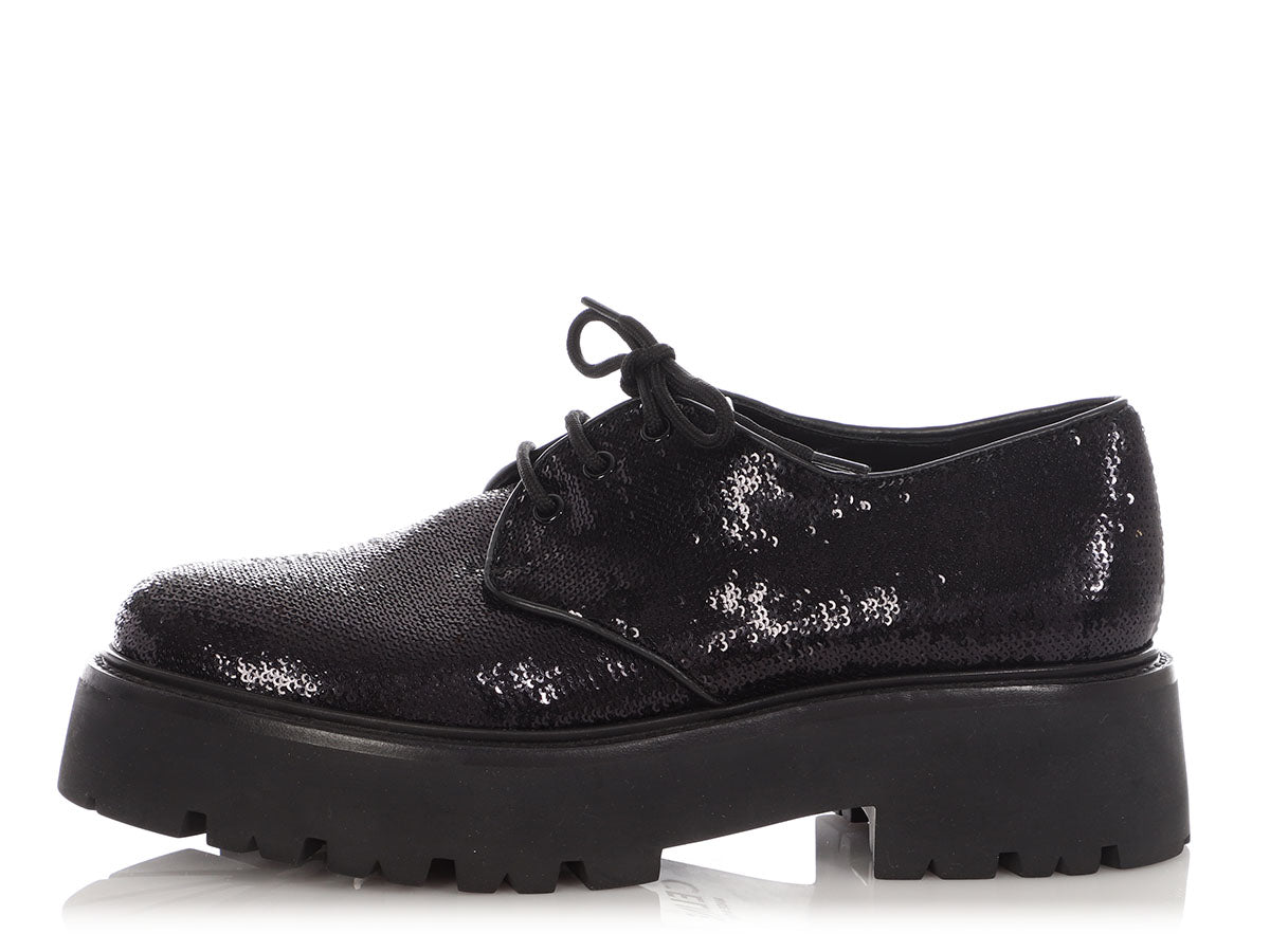Celine Black Sequin Lug-Sole Derby Shoes