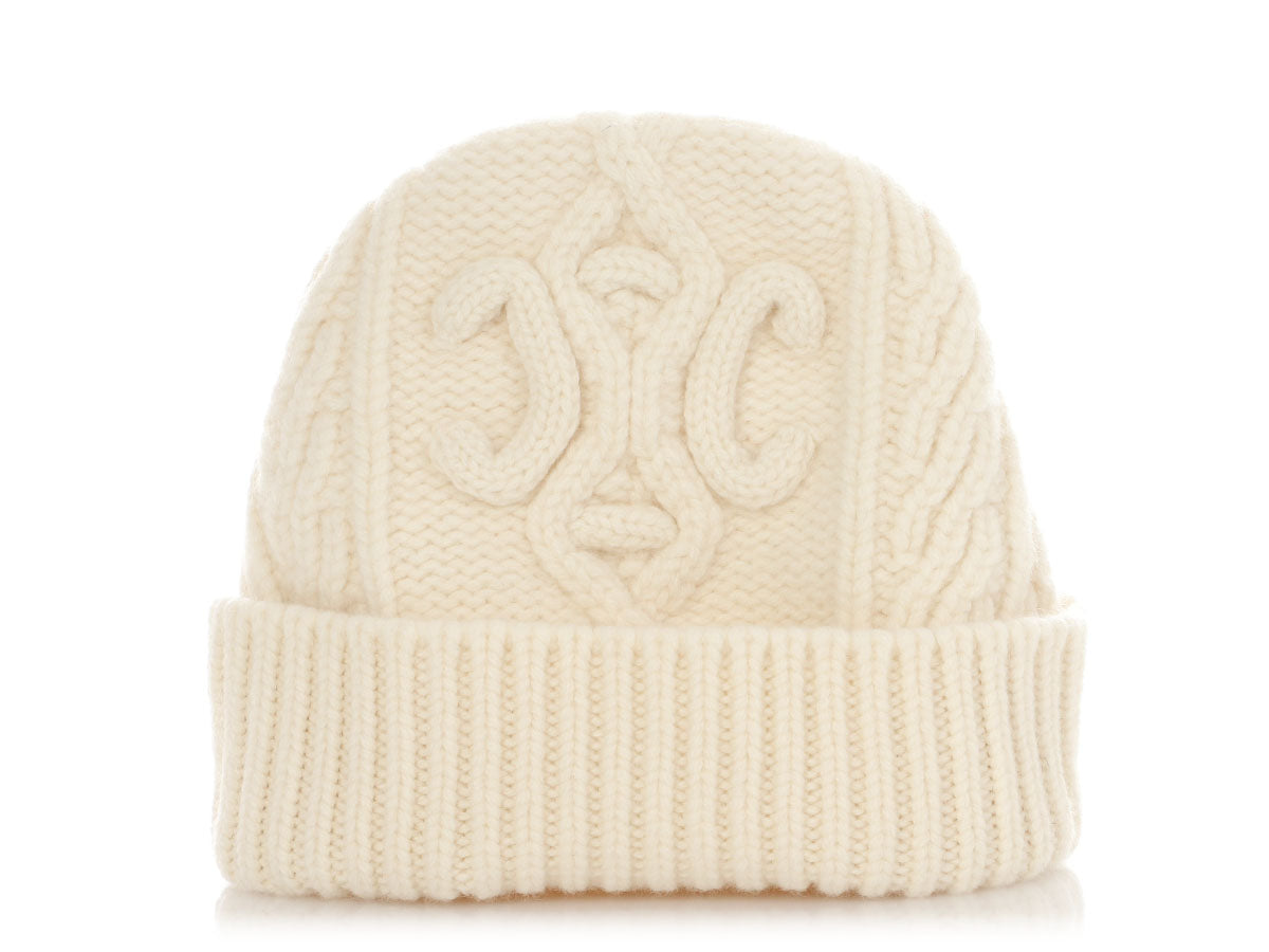 Celine Off White Knit Triomphe Beanie