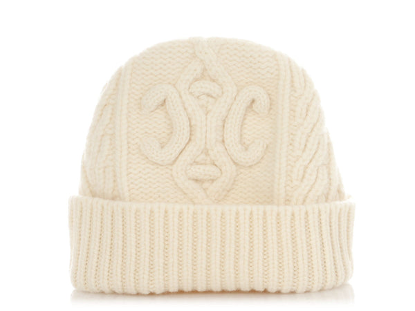 関税込 CELINE triomphe beanie in aran cashmere and wool Celine Off White Knit Triomphe Beanie