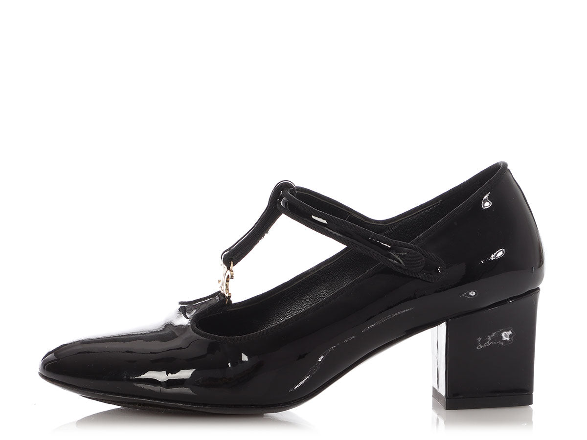 Celine Black Patent Babies T-Bar Pumps