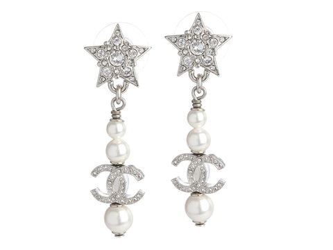 Chanel Logo Crystal and Pearl Star Pierced Drop Earrings