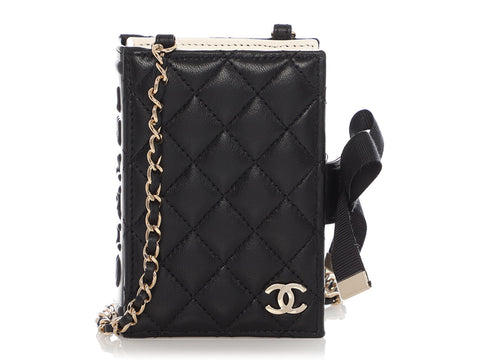 Chanel Black Part-Quilted Lambskin Book Card Holder With Chain