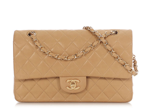 Chanel Vintage Medium/Large Beige Quilted Lambskin Classic Double Flap