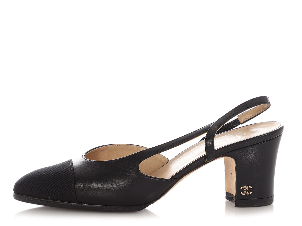 Chanel Black Grosgrain Cap Toe Slingback Pumps