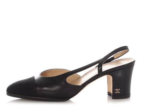 Chanel Black Grosgrain Cap Toe Slingback Pumps
