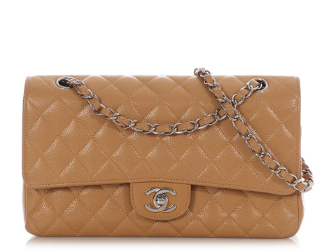 Chanel Medium/Large Dark Beige Quilted Caviar Classic Double Flap