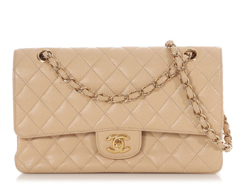 Chanel Medium/Large Light Beige Quilted Caviar Classic Double Flap