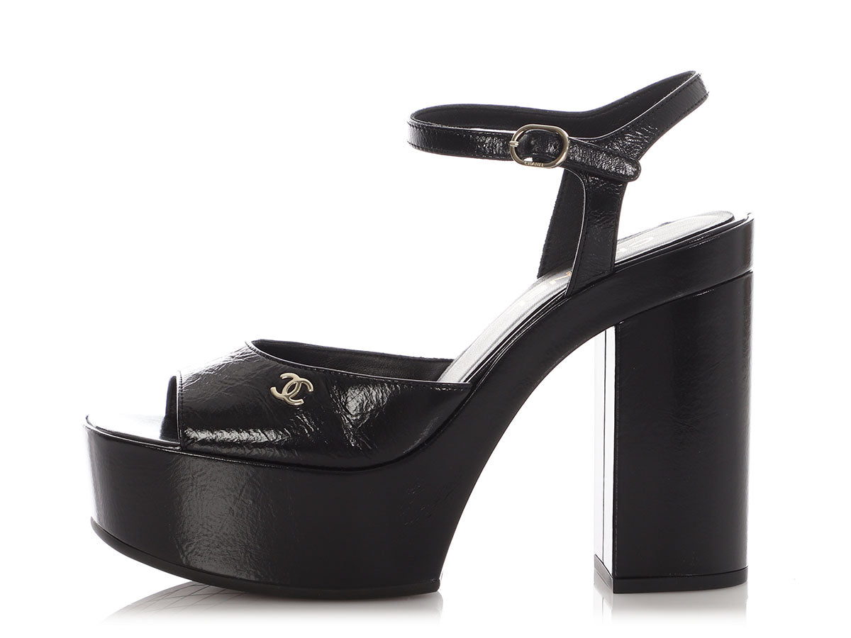 Chanel Black Patent Platform Sandals