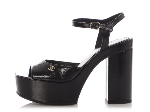 Chanel Black Patent Platform Sandals