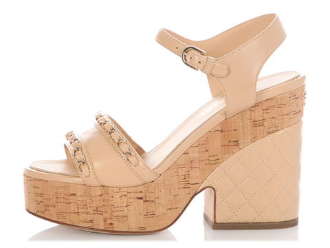 Chanel Beige Lambskin and Chain Cork Platform Sandals