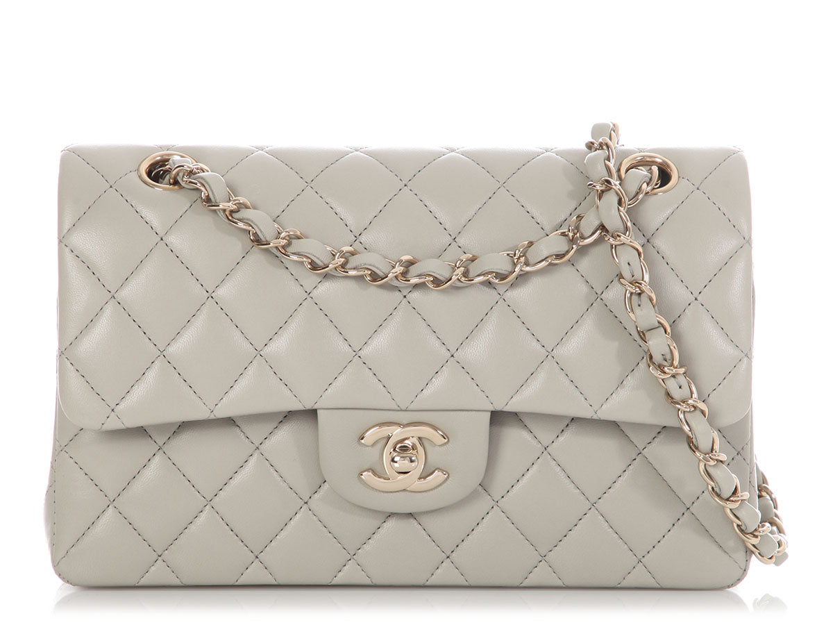 Chanel Small Light Gray Quilted Lambskin Double Flap Classic