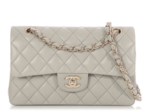 Chanel Small Light Gray Quilted Lambskin Double Flap Classic