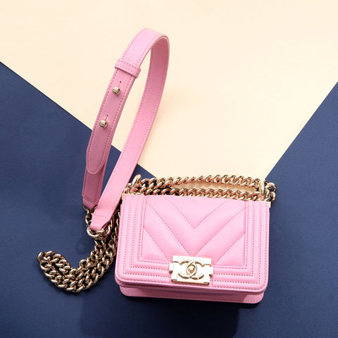 Chanel Micro Mini Rose Chevron-Quilted Lambskin Boy Bag