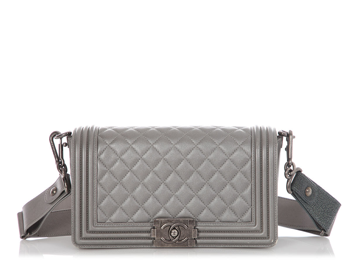 Chanel Old Medium Pewter Quilted Lambskin Boy Bag