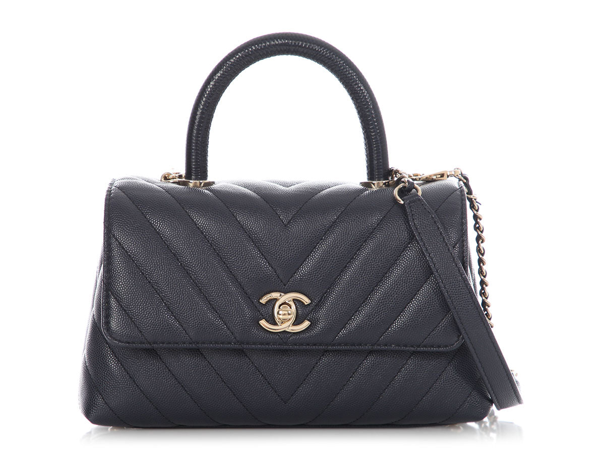 Chanel Mini Navy Chevron-Quilted Caviar and Lizard Coco Handle