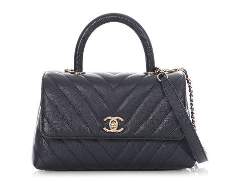 Chanel Mini Navy Chevron-Quilted Caviar and Lizard Coco Handle