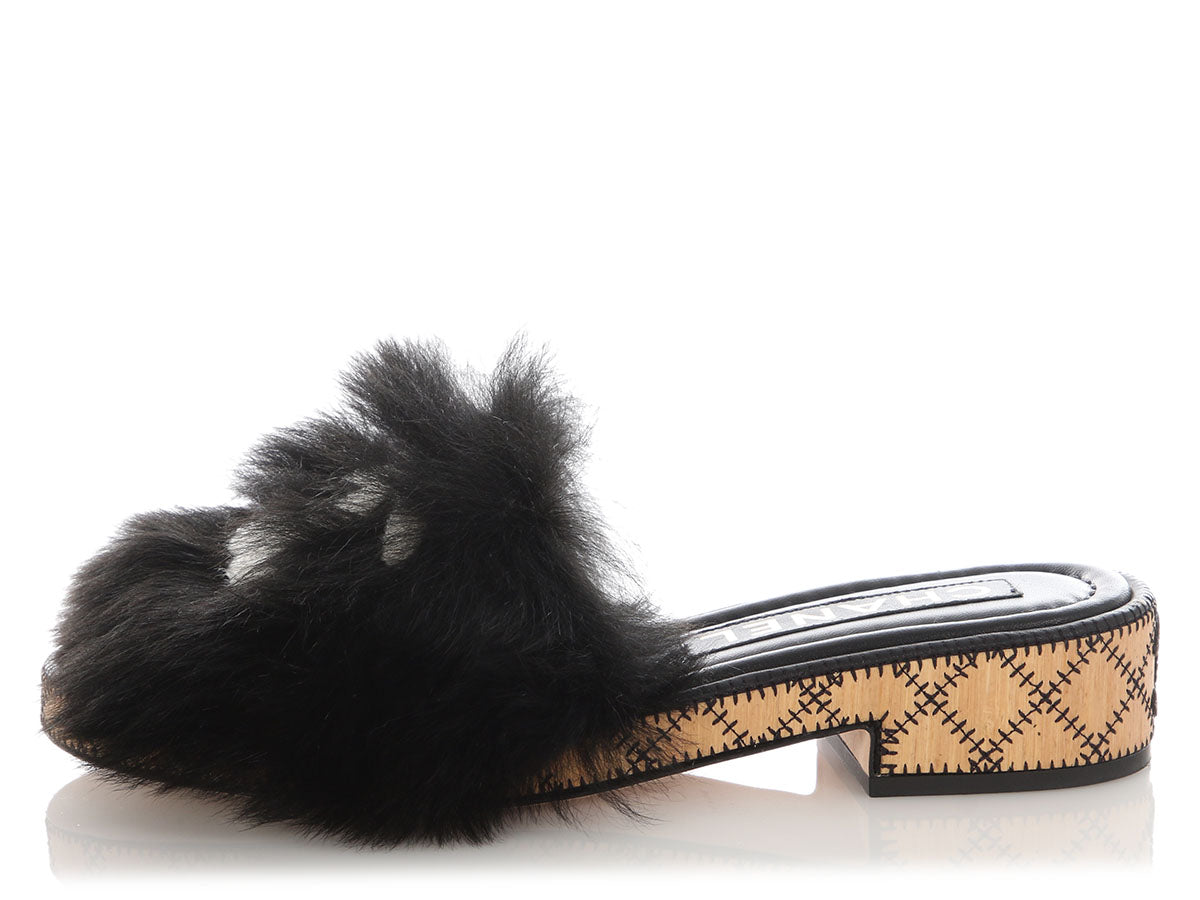 Chanel 2022 Black Fur Slides