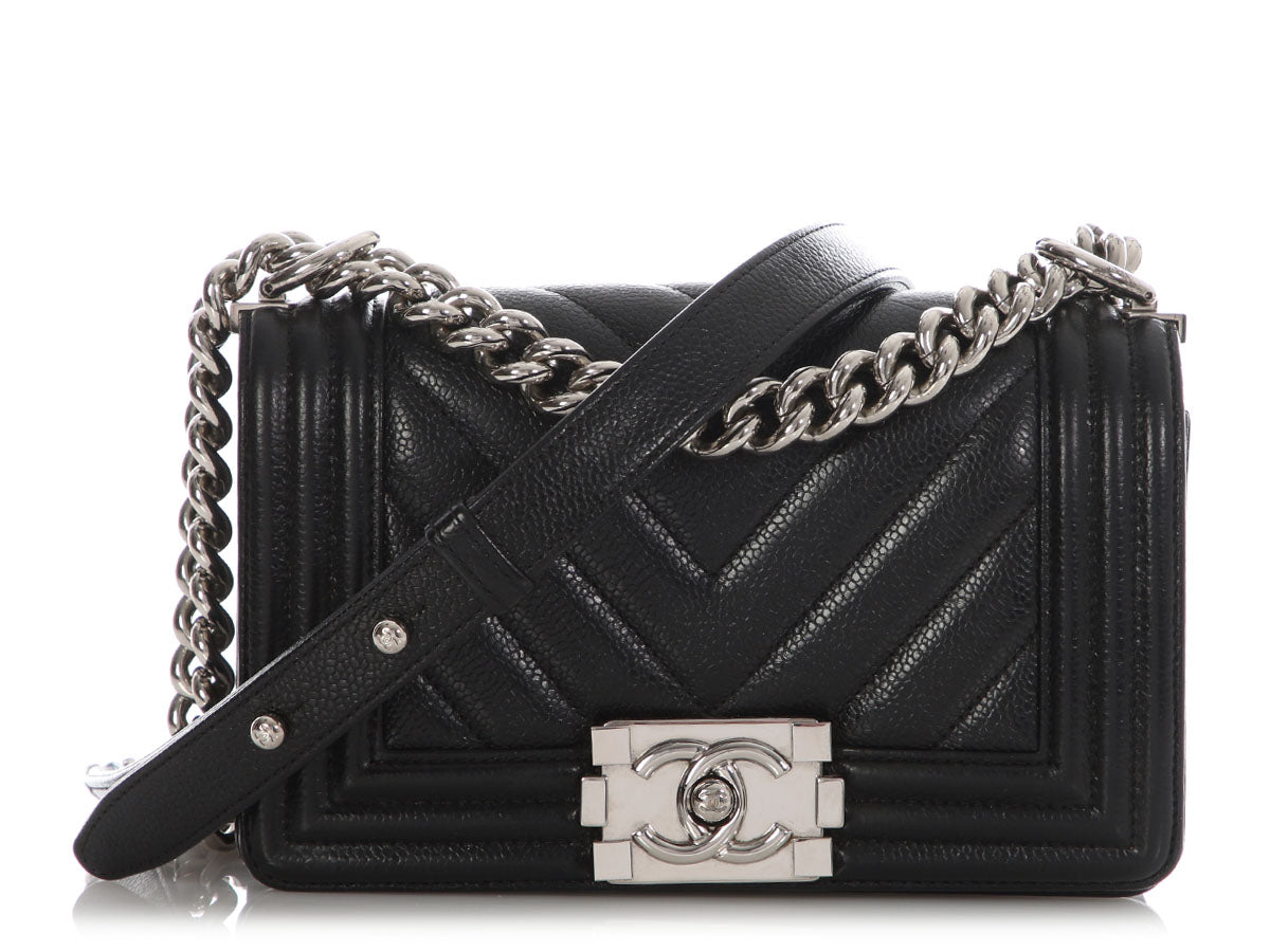 Chanel Small Black Chevron-Quilted Caviar Boy Bag