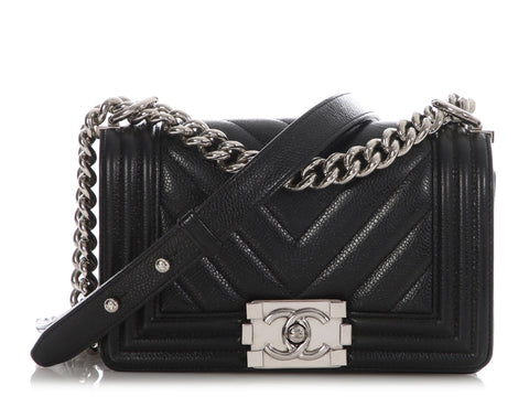 Chanel Small Black Chevron-Quilted Caviar Boy Bag