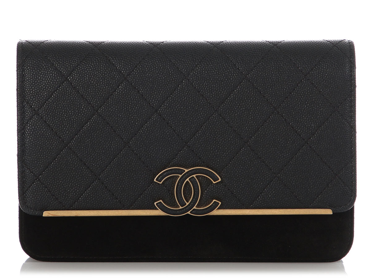 Chanel Black Quilted Caviar and Suede Leather Wallet on Chain WOC