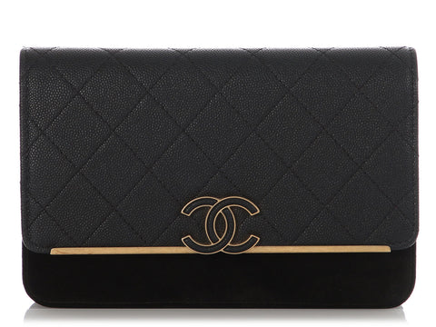 Chanel Black Quilted Caviar and Suede Leather Wallet on Chain WOC