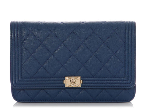 Chanel Blue Quilted Caviar Boy Wallet on Chain