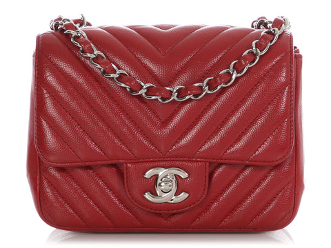 Chanel Mini Red Chevron-Quilted Caviar Classic