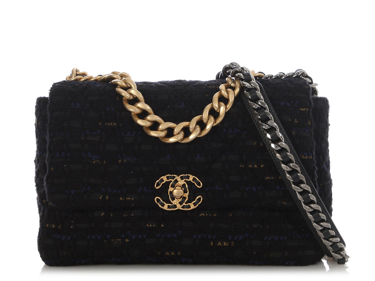 Chanel Large Navy Quilted Tweed and Ribbon 19 Flap
