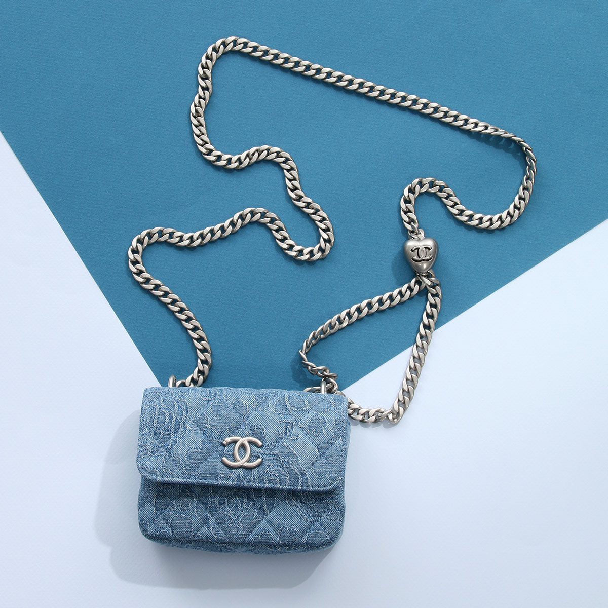 Chanel Mini Camellia Denim Sweetheart Clutch with Chain