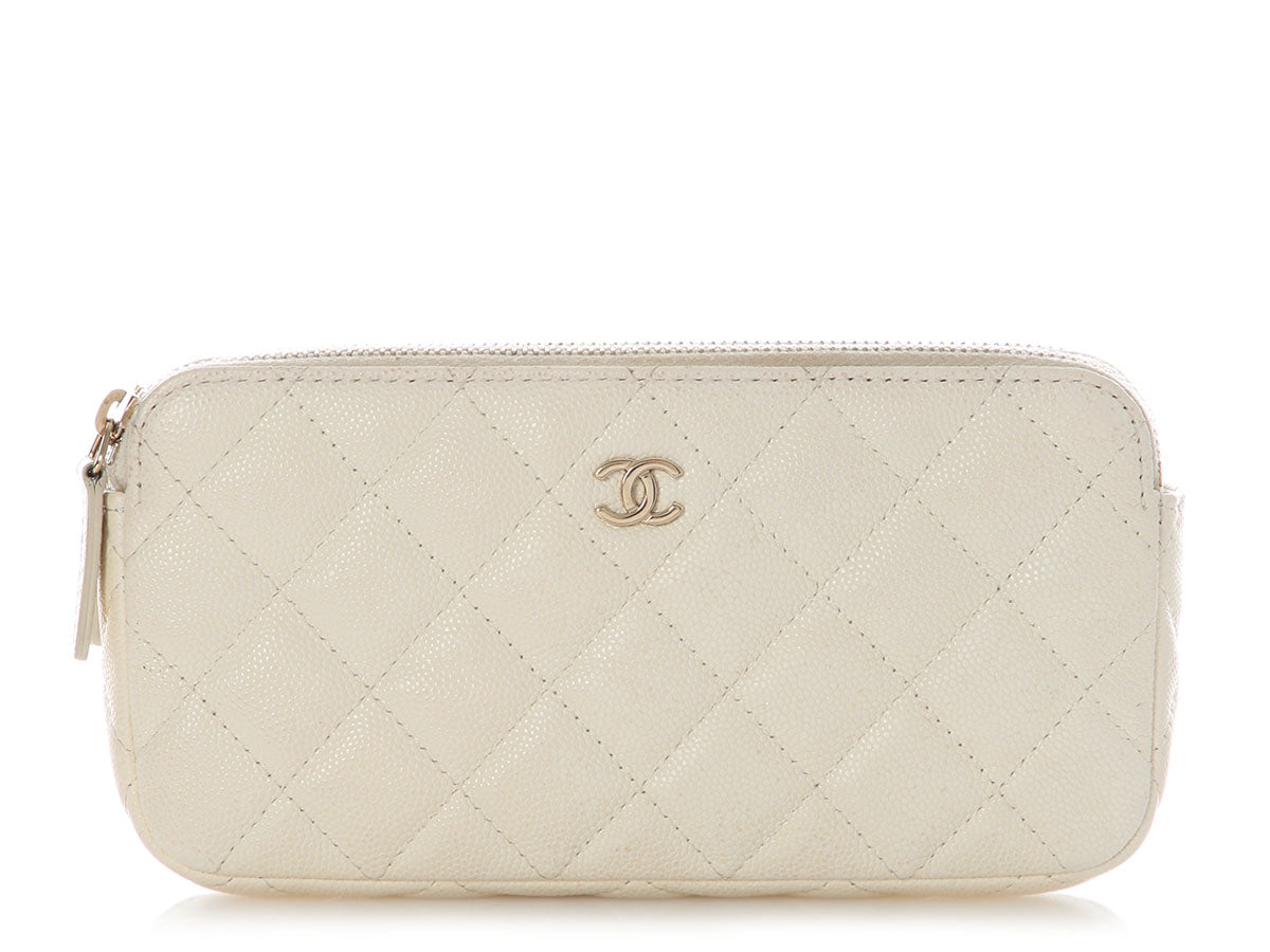 Chanel Small White Quilted Caviar Clutch with Chain