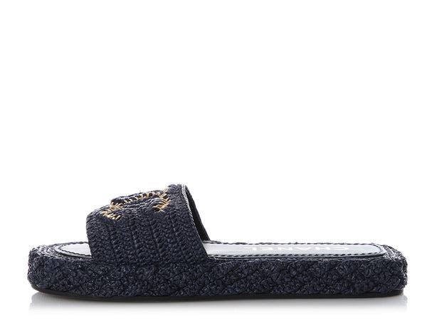 Chanel Navy Crochet Leather Slide Sandals