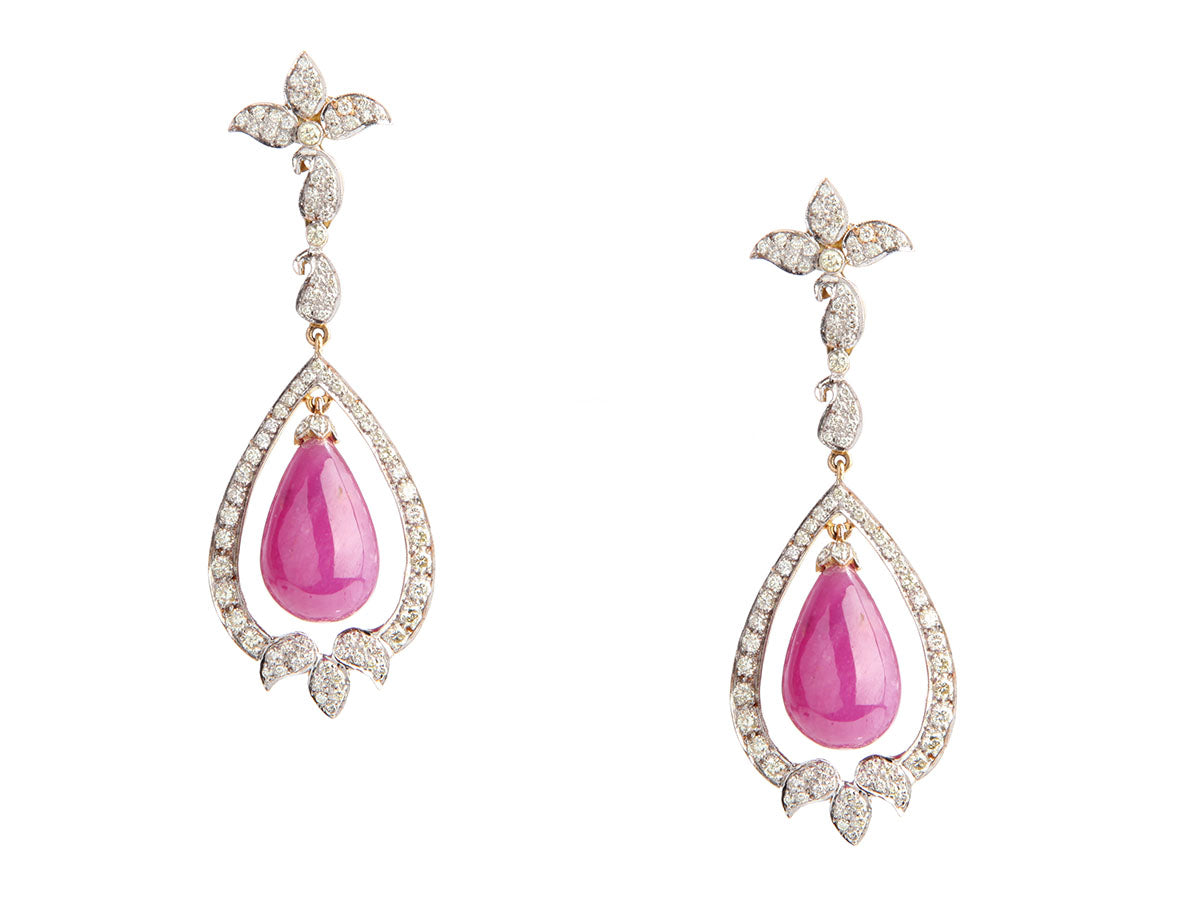 14K Yellow Gold Diamond and Ruby Drop Earrings