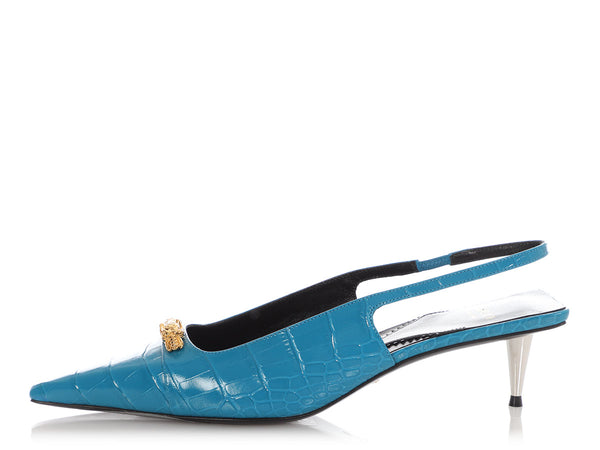 靴 GUCCI Slingback Pumps Square Toe 35C Gucci Blue Croc-Embossed Calfskin Square Slingback Pumps