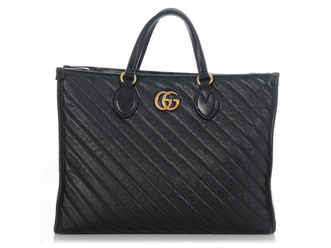Gucci Black Matelassé Diagonal GG Marmont Tote