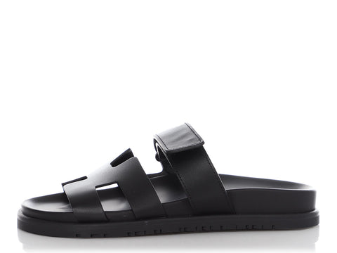 Hermès Black Leather Chypre Sandals