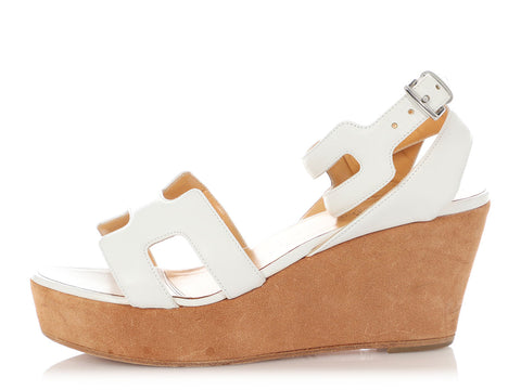 Hermès White Leather and Brown Suede Platform Wedges