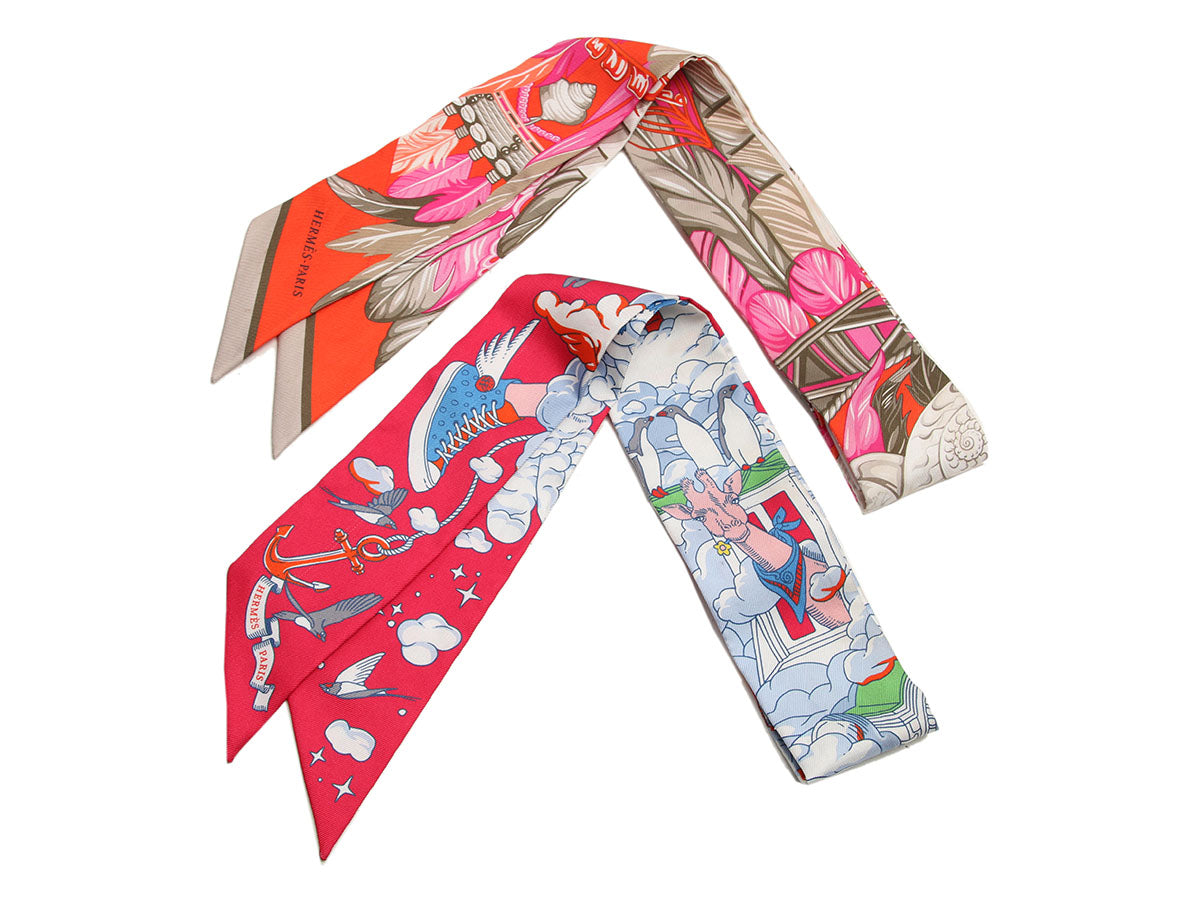 Hermès Plume de Paon and Sur Mon Nuage Silk Twilly Pair