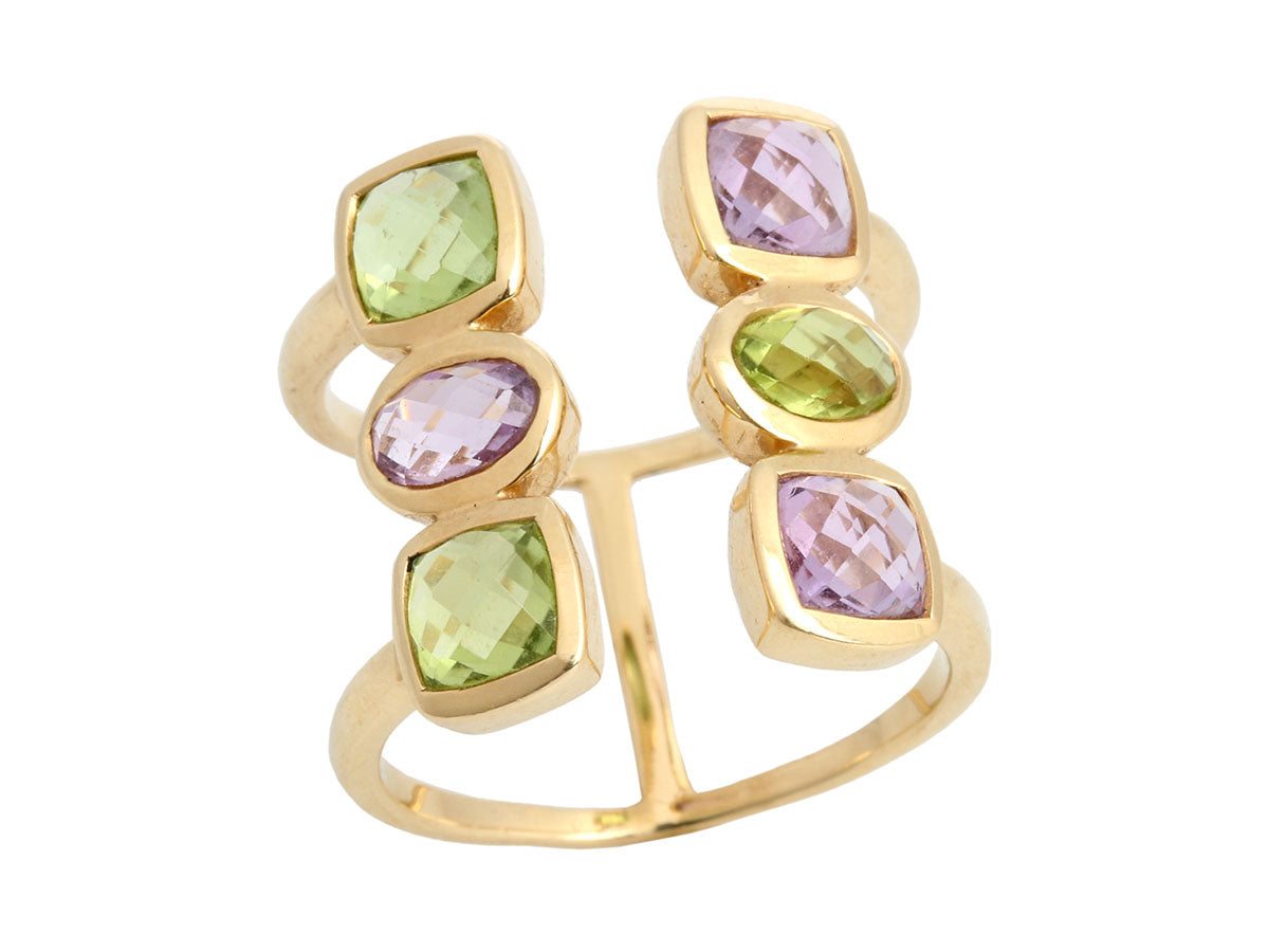 Jewelmak 14K Yellow Gold Amethyst and Peridot Open Ring