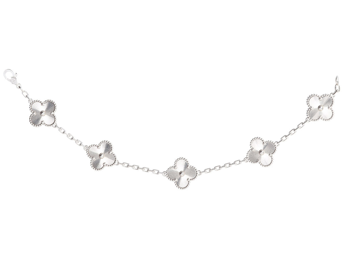 Van Cleef 
Arpels 18K White Gold 5-Motif Guilloché Vintage Alhambra Bracelet