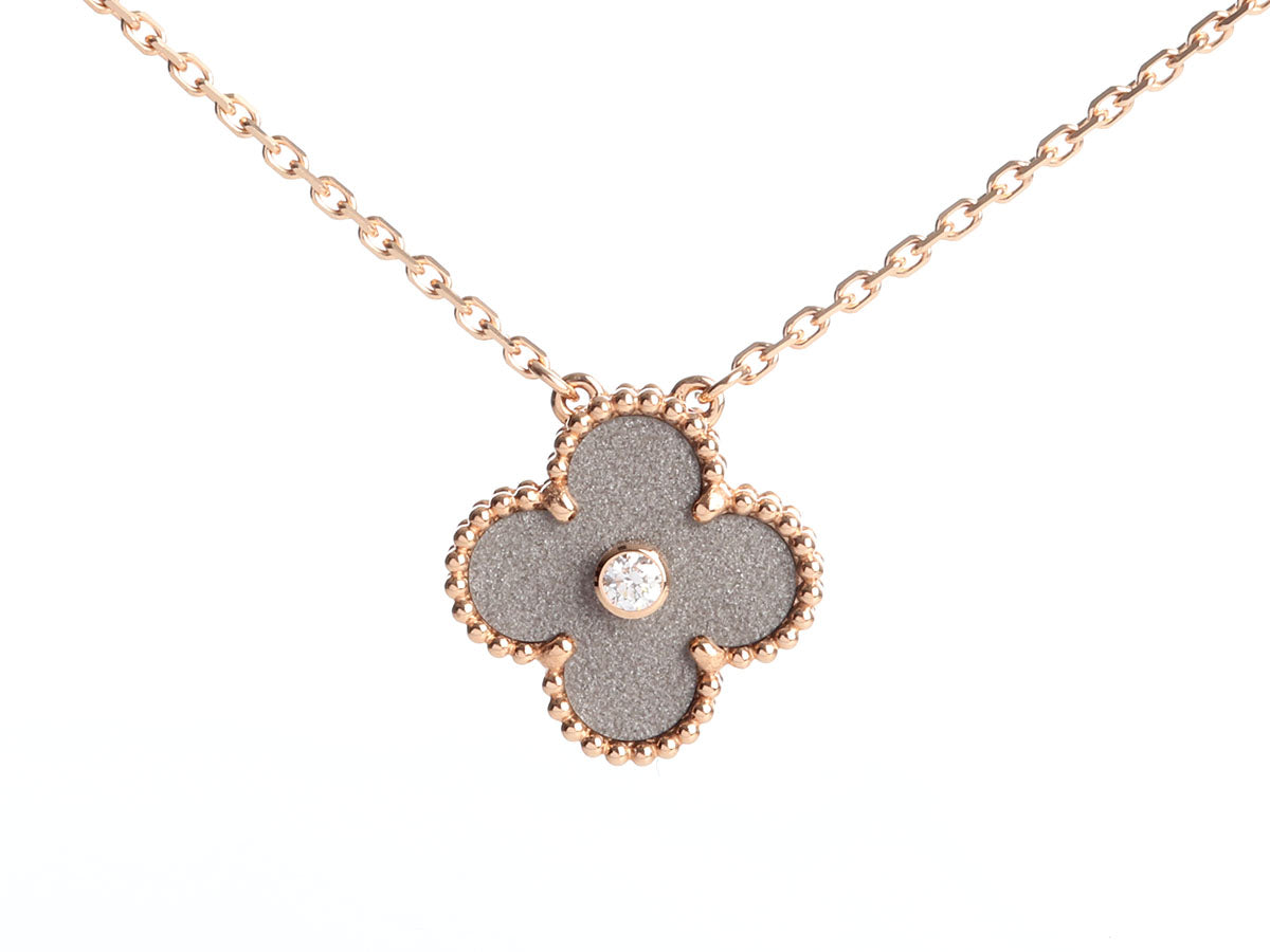 Van Cleef 
Arpels 18K Rose Gold Silver Obsidian 2023 Holiday Vintage Alhambra Pendant Necklace