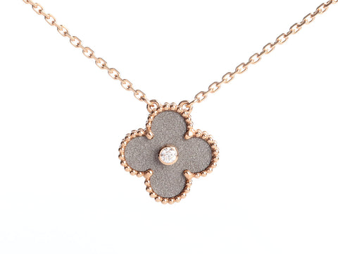 Van Cleef & Arpels 18K Rose Gold Silver Obsidian 2023 Holiday Vintage Alhambra Pendant Necklace