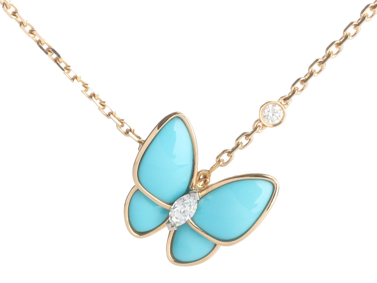 Van Cleef 
Arpels 18K Yellow Gold Turquoise Two Butterfly Pendant Necklace