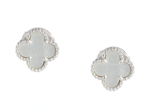 Van Cleef & Arpels 18K White Gold MOP Sweet Alhambra Pierced Earrings