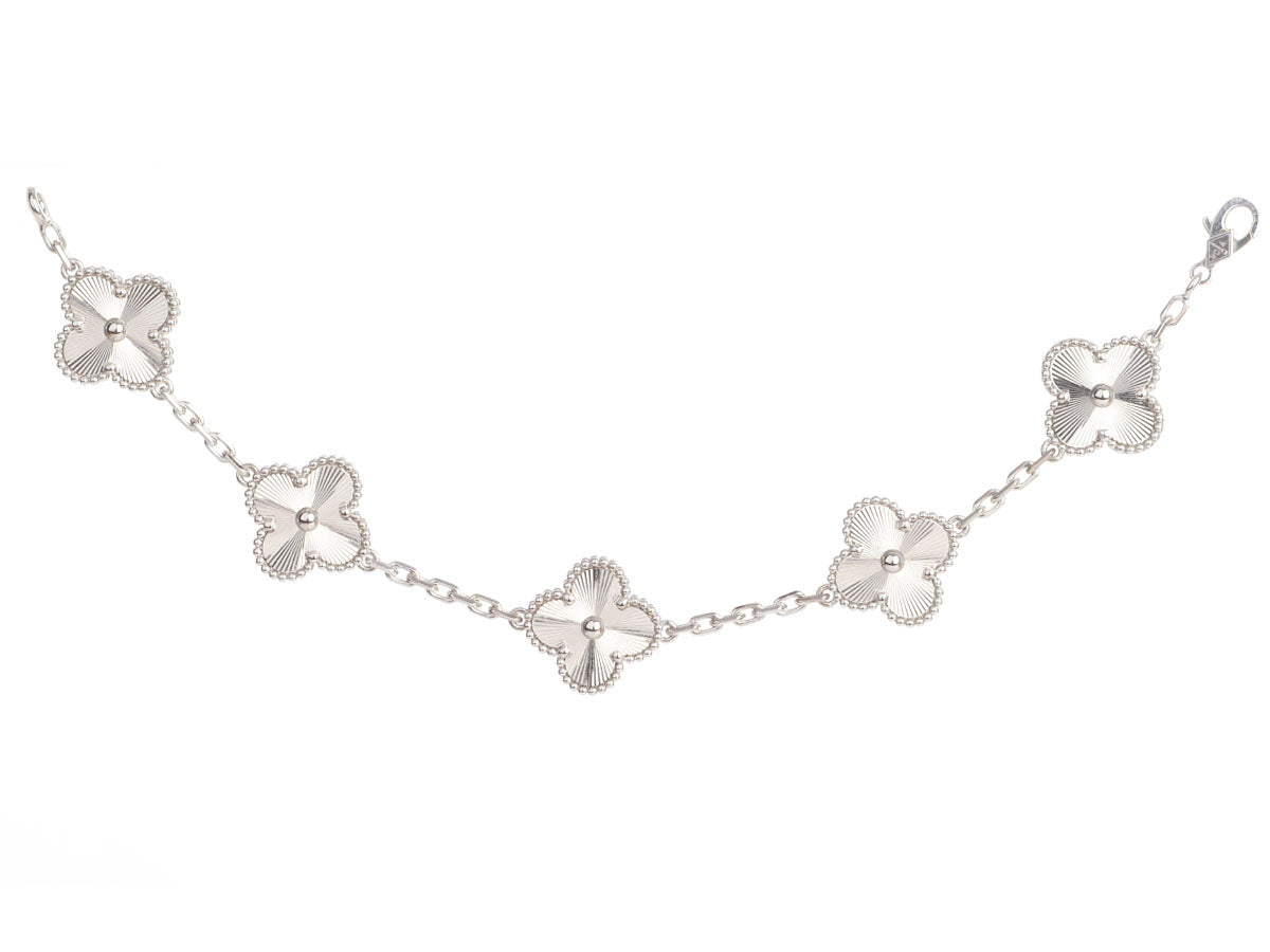 Van Cleef 
Arpels 18K White Gold 5-Motif Vintage Alhambra Guilloché Bracelet