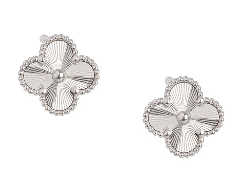 Van Cleef & Arpels 18K White Gold Vintage Alhambra Guilloché Pierced Earrings