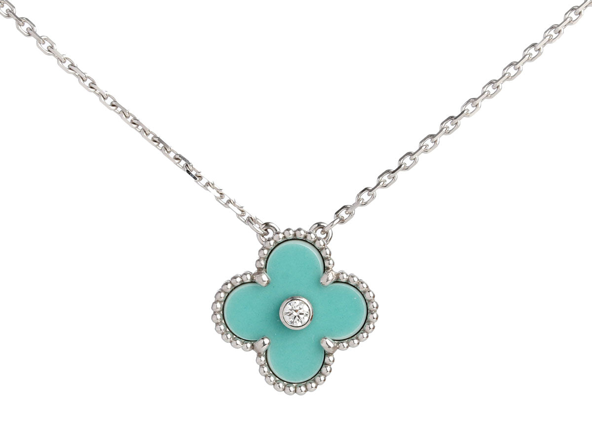 Van Cleef & Arpels 18K White Gold Green Celadon and Diamond 2022 Holiday Vintage Alhambra Necklace