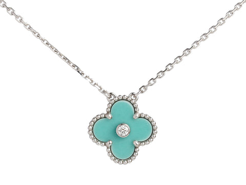 Van Cleef & Arpels 18K White Gold Green Celadon and Diamond 2022 Holiday Vintage Alhambra Necklace