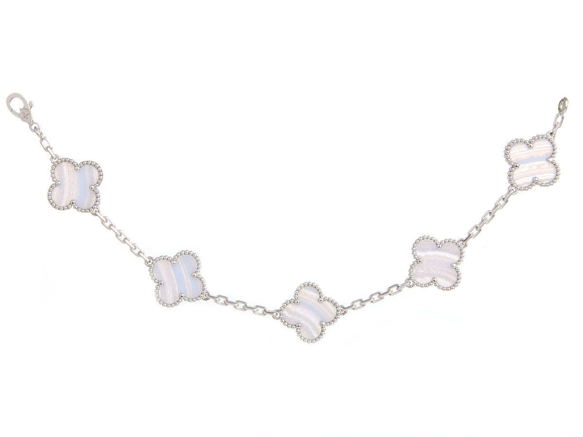 Van Cleef 
Arpels 18K White Gold Chalcedony 5-Motif Vintage Alhambra Bracelet