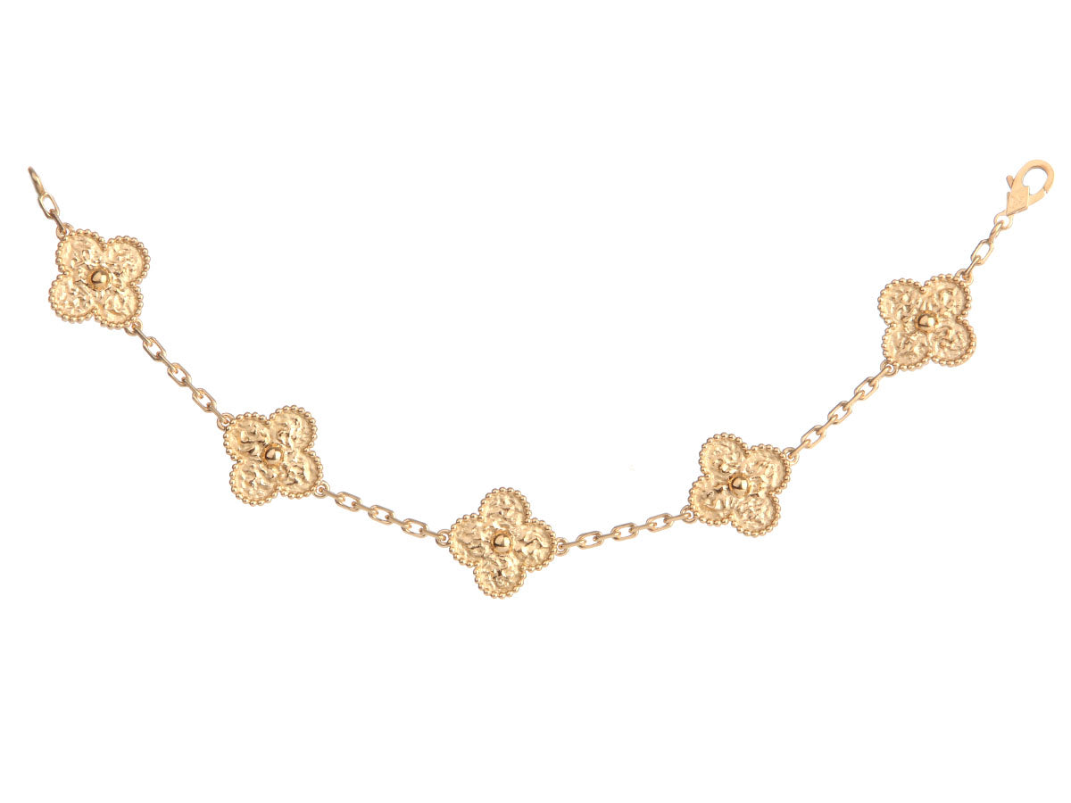 Van Cleef & Arpels 18K Yellow Gold Hammered 5-Motif Vintage Alhambra Bracelet